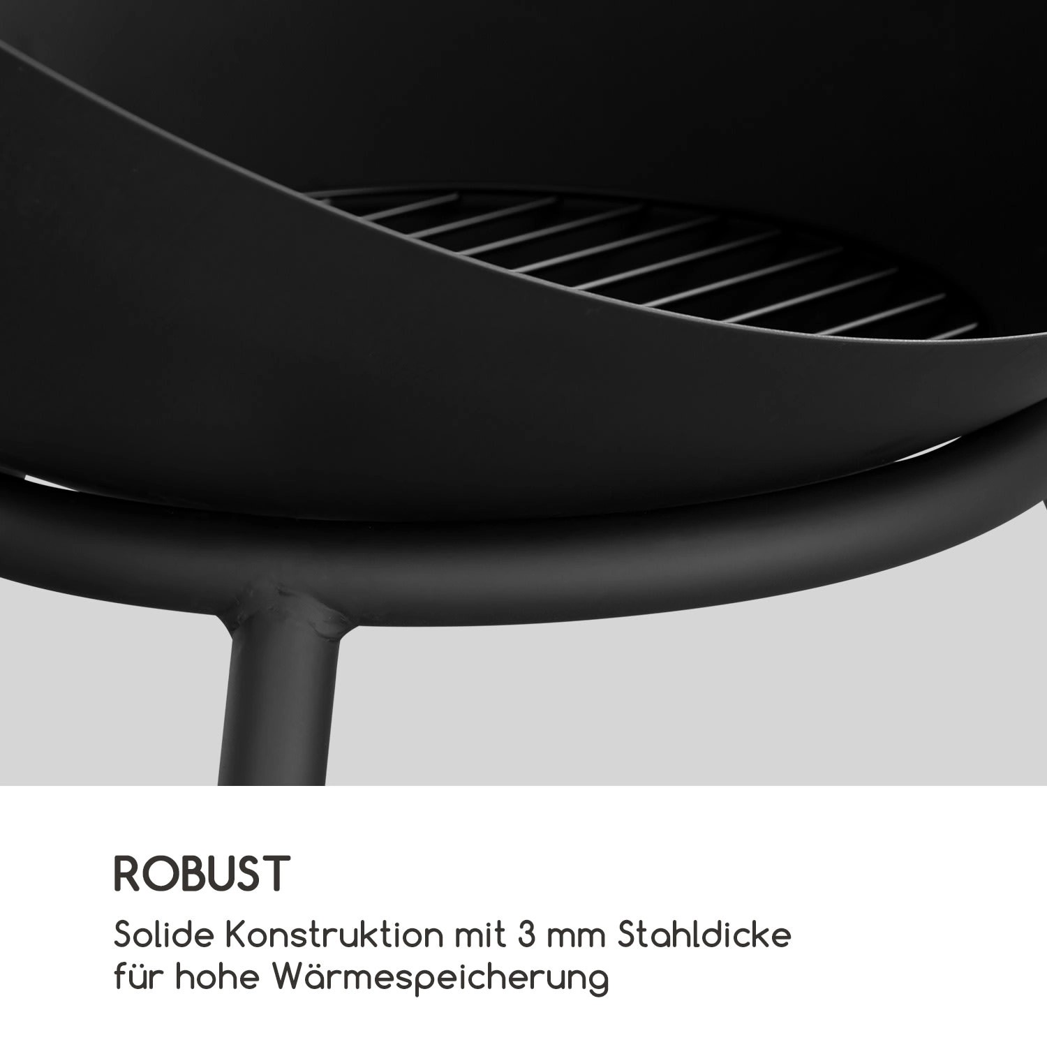 Detailaufnahme der Blumfeldt Fireball Feuerschale: Schwarze Stahlkonstruktion mit Kohlerost.