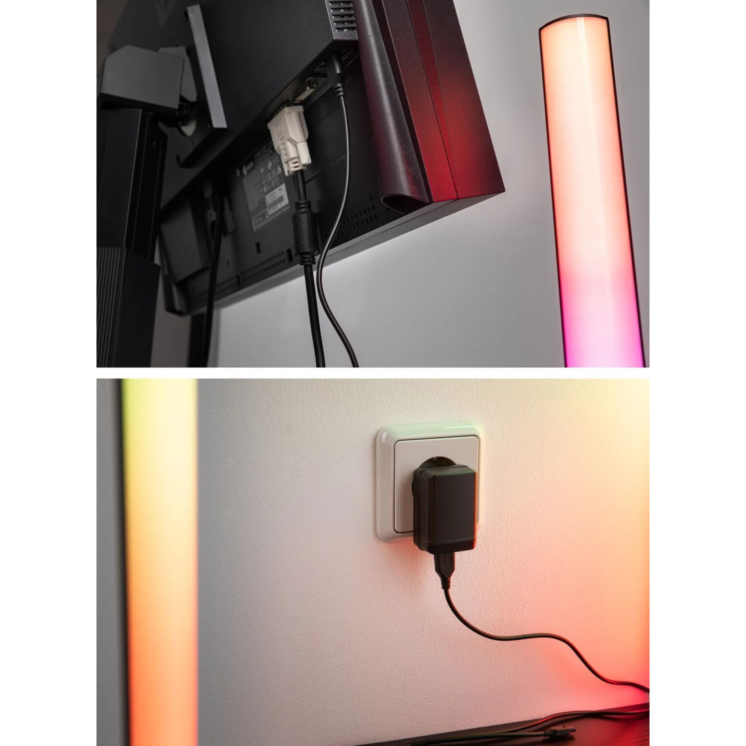 Paulmann EntertainLED Lichtsäulen (2 Stk.) im Einsatz: Farbwechsel neben Monitor und Steckdose.