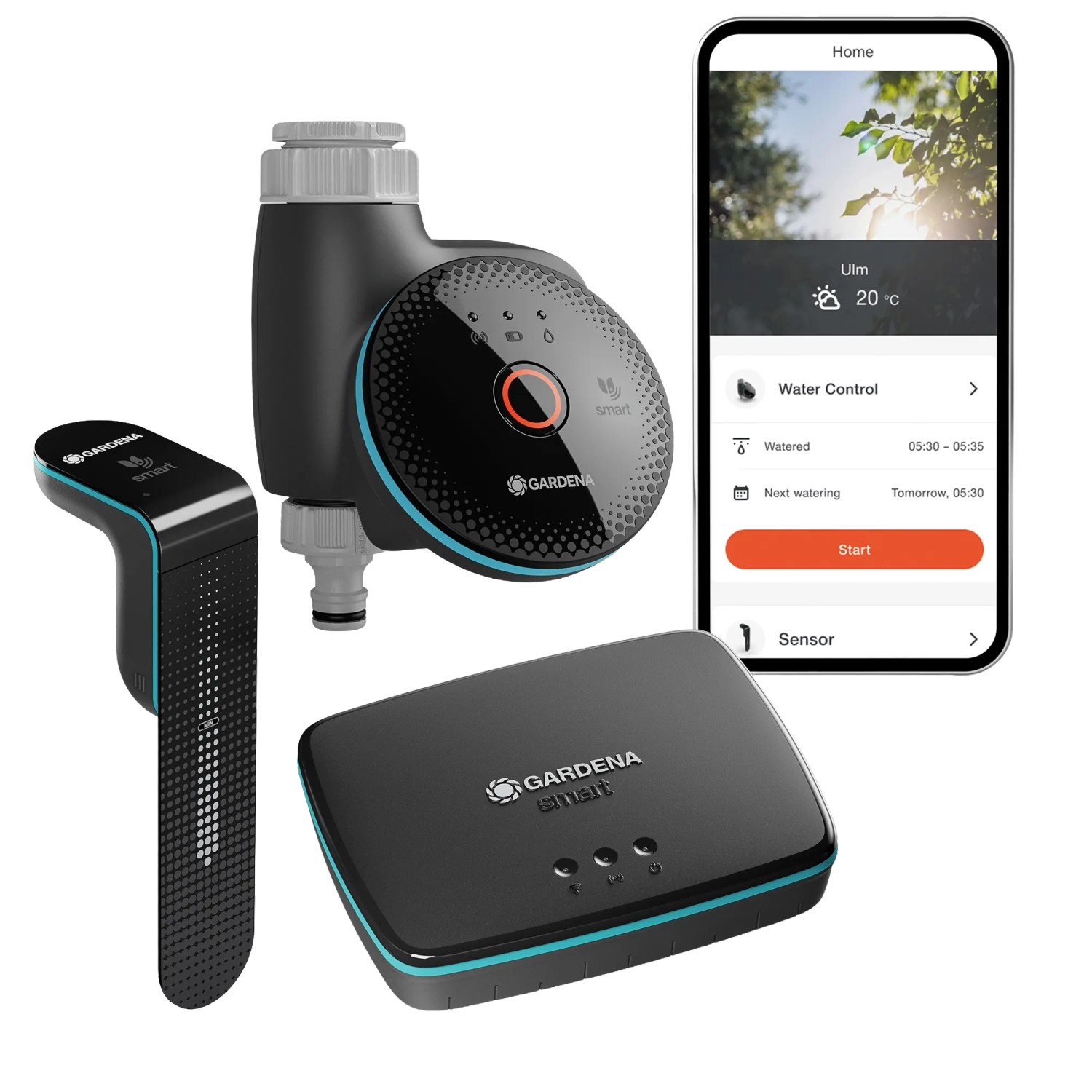 Gardena Smart Sensor Control Set mit Bewässerungscomputer, Sensor und Gateway sowie Smartphone mit App.