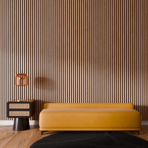 Akustikpaneel Eiche geölt als Wandverkleidung mit schwarzem Akustikfilz im Wohnraum.