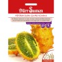 Dürr Samen Afrikanische Gurke Kiwano Saatgut Packung mit angeschnittener Kiwano Frucht.