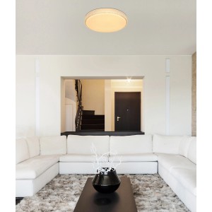 Weiße LED-Deckenleuchte Ovi, Ø 60 cm, mit Dimmfunktion und Fernbedienung.