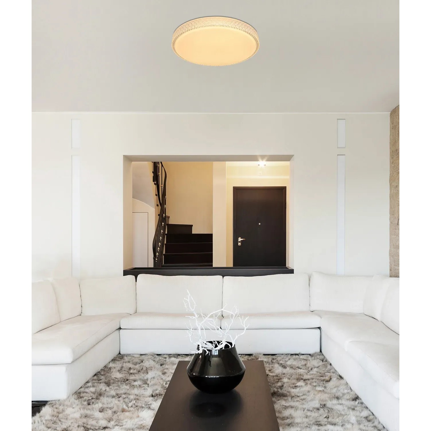 Weiße LED-Deckenleuchte Ovi, Ø 60 cm, mit Dimmfunktion und Fernbedienung.