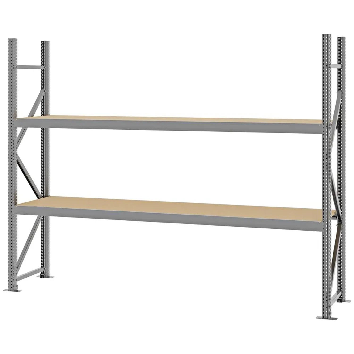 PROREGAL Weitspannregal Schraub-Stecksystem MAGNUS PRO Made In Germany Grundregal 200x250x50cm 2 Ebenen Spanplattenböden Fachlast 430kg Verzinkt