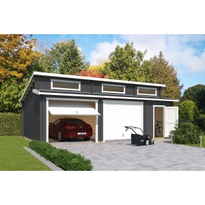 Lasita Garage Hawaii Set, carbongrau, mit Schwingtoren, Auto, Rasenmäher und Fahrrad vor der Garage.
