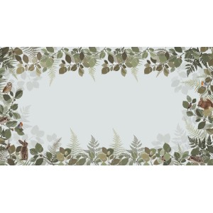 ESTAhome Fototapete Waldtiere, grüne Blätter, Tiere wie Eule, Hase, Eichhörnchen auf hellblauem Hintergrund.