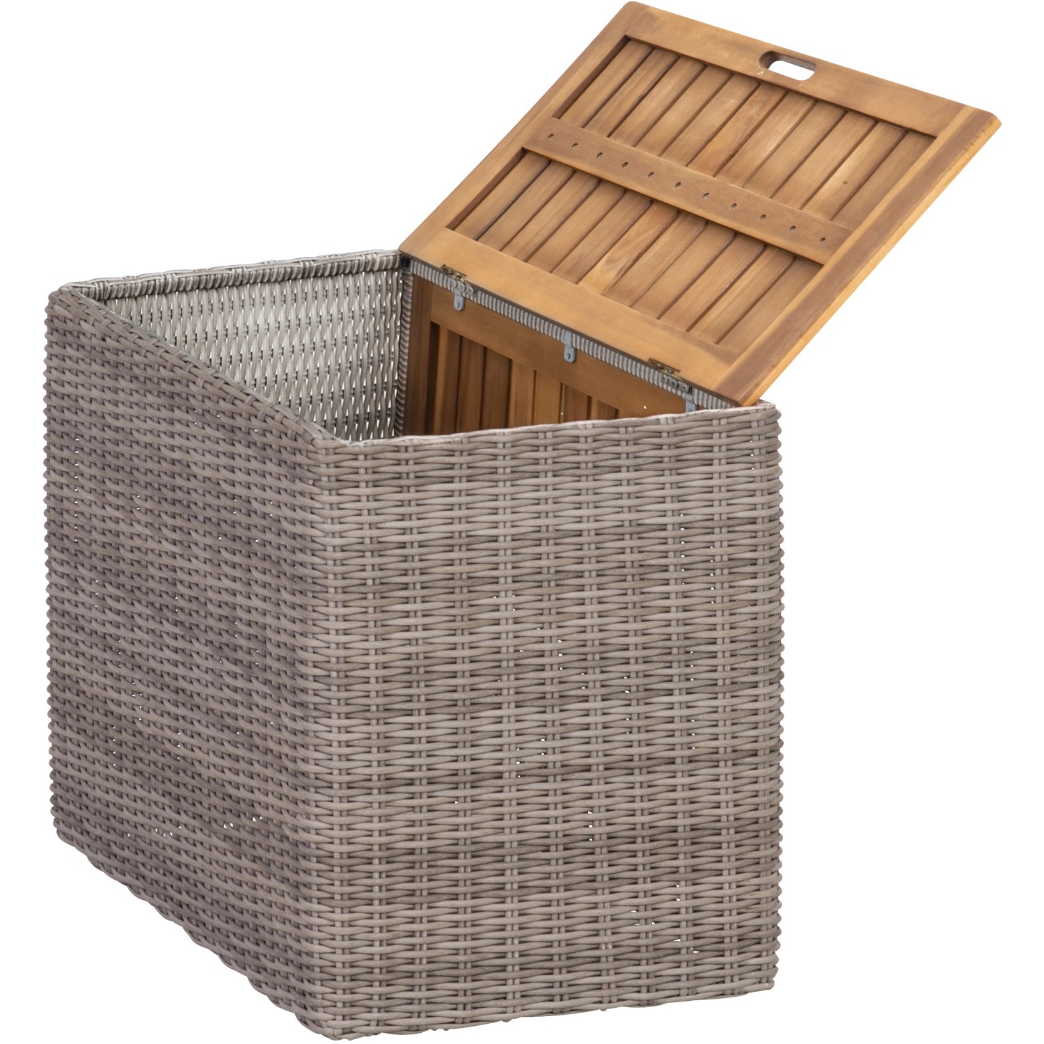 Detailansicht des Lounge-Sets Olea Wood: Tisch mit Holzplatte, der auch als Kissenbox dient.