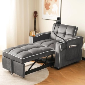 Dunkelgrauer Merax 3in1 Schlafsessel als Relaxliege mit Samtbezug, Getränke- und Handyhalterung. Multifunktionales Sofa.