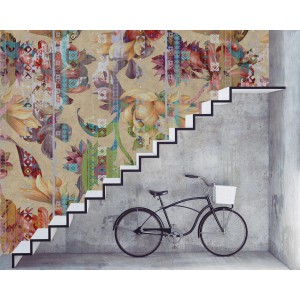 Fototapete mit Blumen, Pflanzen und abstraktem Muster in Beige und Orange. FSC®-zertifiziert.