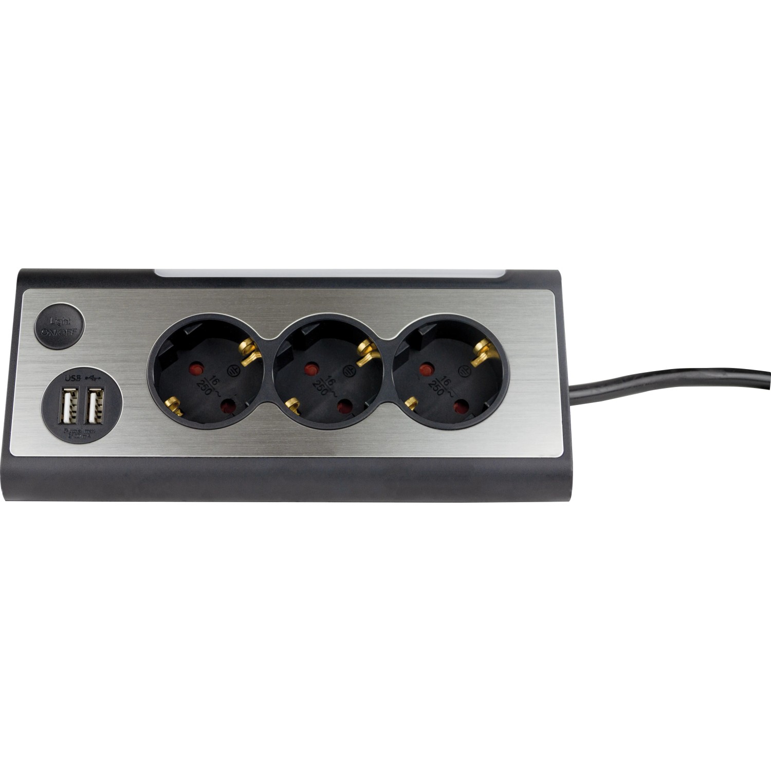 REV Ritter Steckdosenleiste Lightsocket mit 3 Schuko- und 2 USB-Steckdosen, LED-Licht, schwarz.