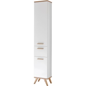 Pelipal Bad-Hochschrank Quickset 923, weiß glänzend mit Riviera Eiche Dekor, 205 cm hoch.