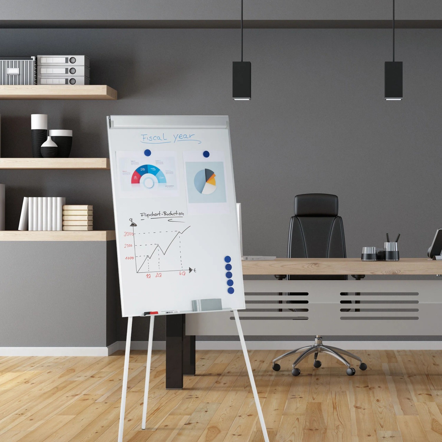 Weißes, höhenverstellbares Flipchart Whiteboard mit silbernem Alurahmen im Büro. Magnetisch, 90x60 cm.
