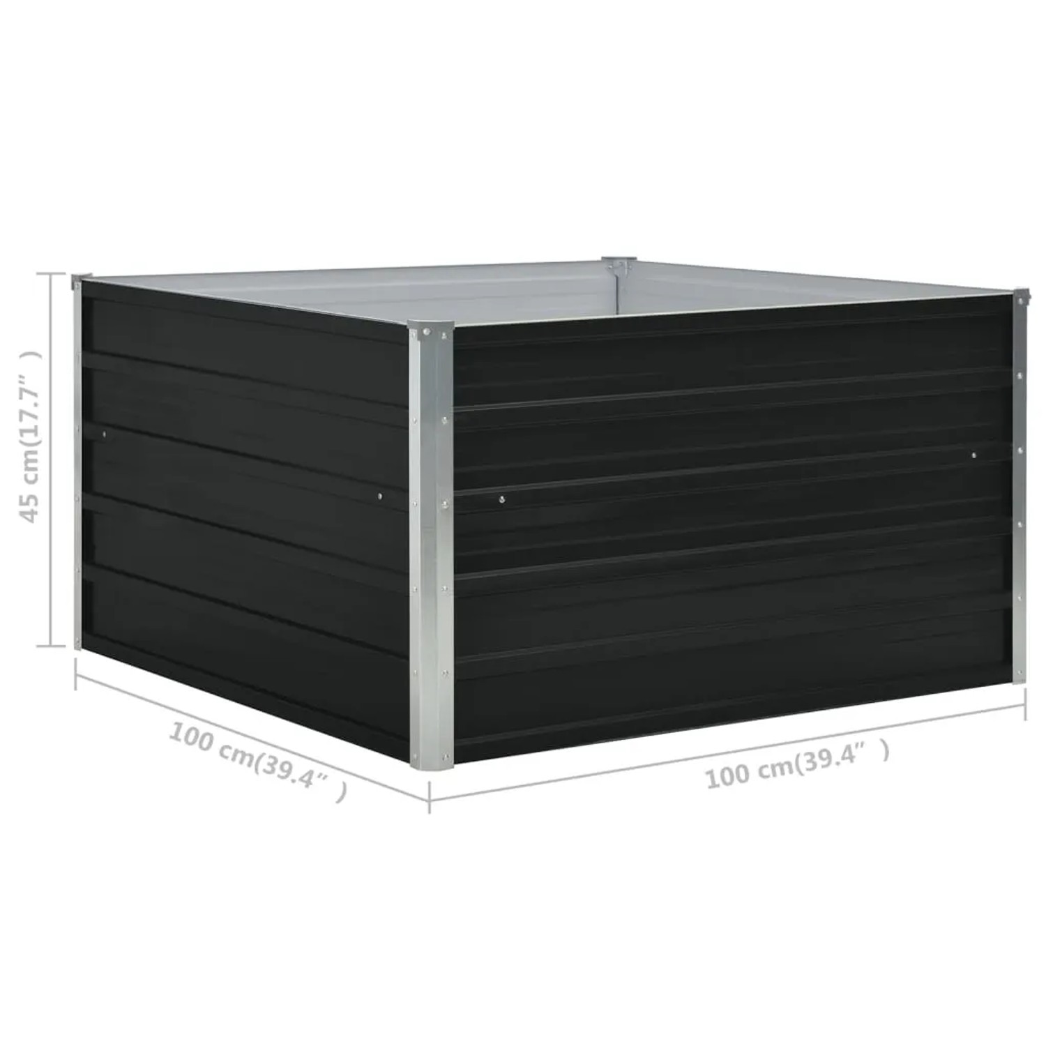 Anthrazitfarbenes, quadratisches Hochbeet (100x100x45 cm) aus verzinktem Stahl.