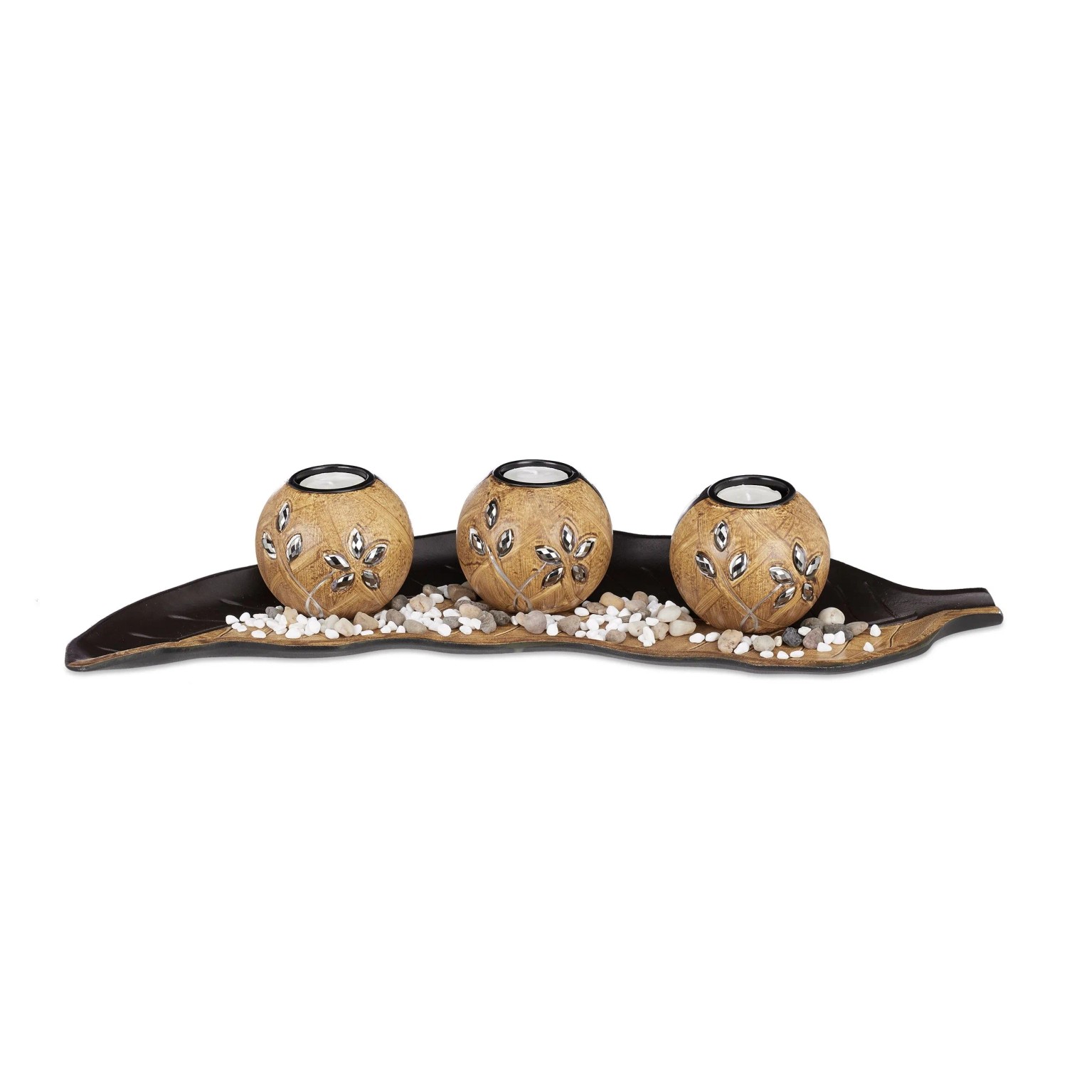 Relaxdays Teelichthalter Set Blatt MDF Hellbraun Dunkelbraun Inklusive Teelichter 50,5 cm x 16,5 cm x 8,5 cm 0,8 kg