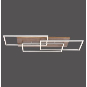 Moderne LED-Deckenleuchte Palma mit Holzdekor und eckigen, weißen Rahmen (82x50 cm).