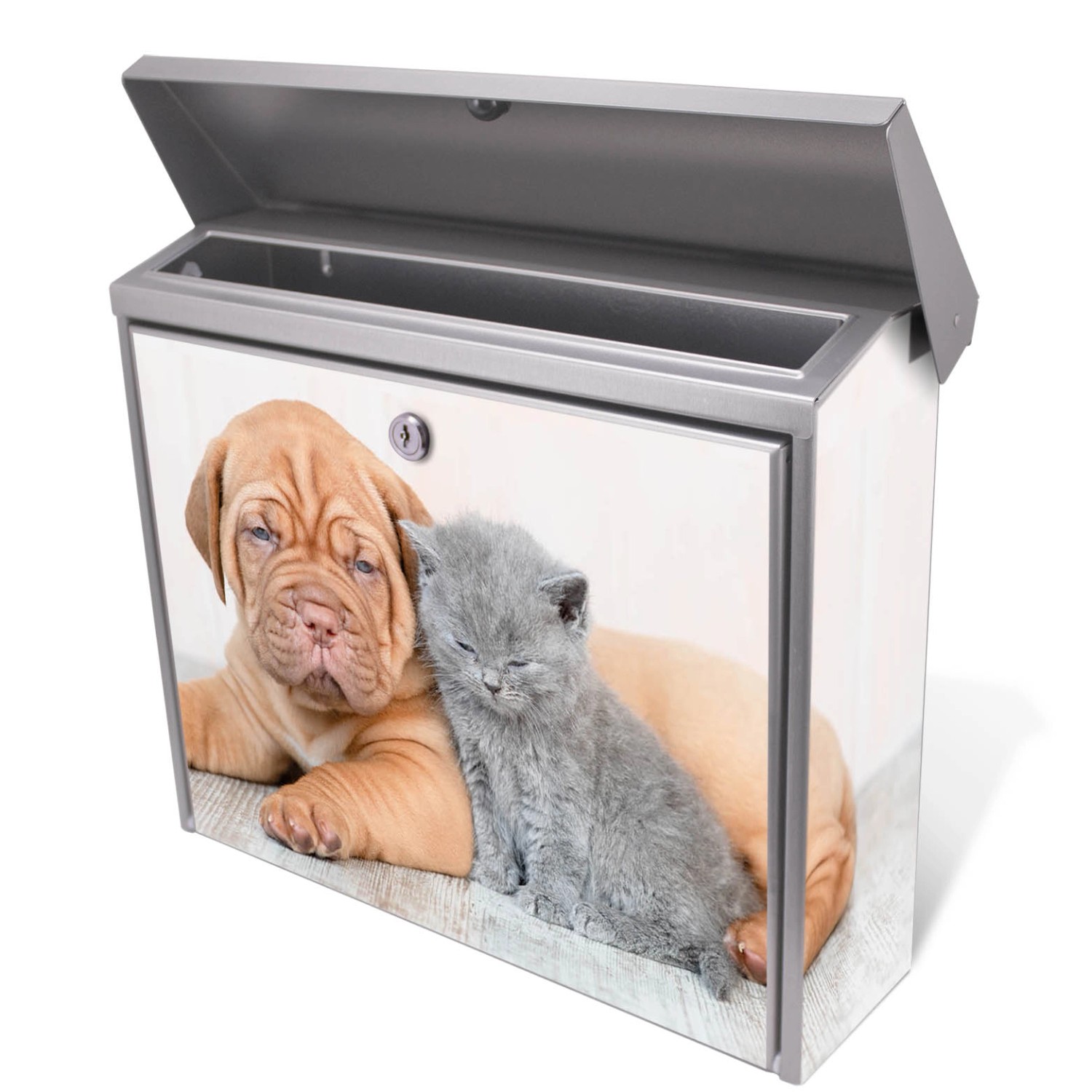 Banjado Edelstahl Briefkasten mit Hund und Katze Motiv, ohne Zeitungsfach.