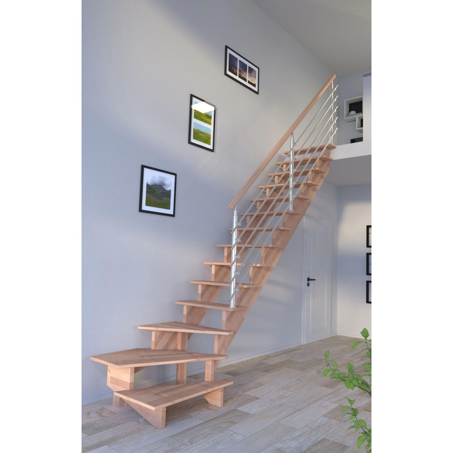 Buche Treppe Lindos Pro, gewendelt, mit Edelstahl Geländer. Offene Bauweise, unbehandeltes Holz.
