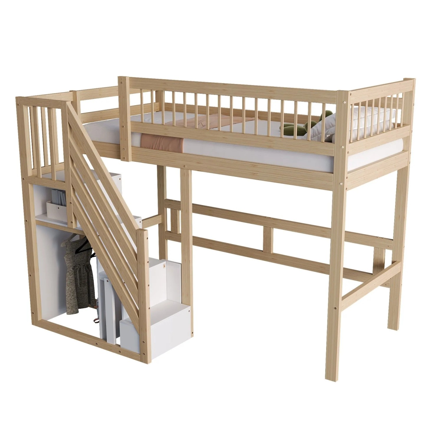 okwish Massivholzbett 90×200 Kinderbett Treppe mit Aufbewahrungsschrank ohne Matratze