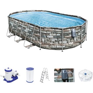 Power Steel Frame Pool Set mit Steinwand-Optik, Leiter, Filterpumpe und LED-Licht.