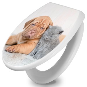 Weißer WC-Sitz mit Absenkautomatik und Hund-Katze-Motiv von Banjado.