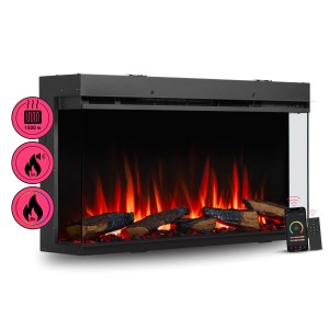 Schwarzer BALDERIA Elektrokamin AH-36 mit 3D-Flammeneffekt, App-Steuerung und Heizung.