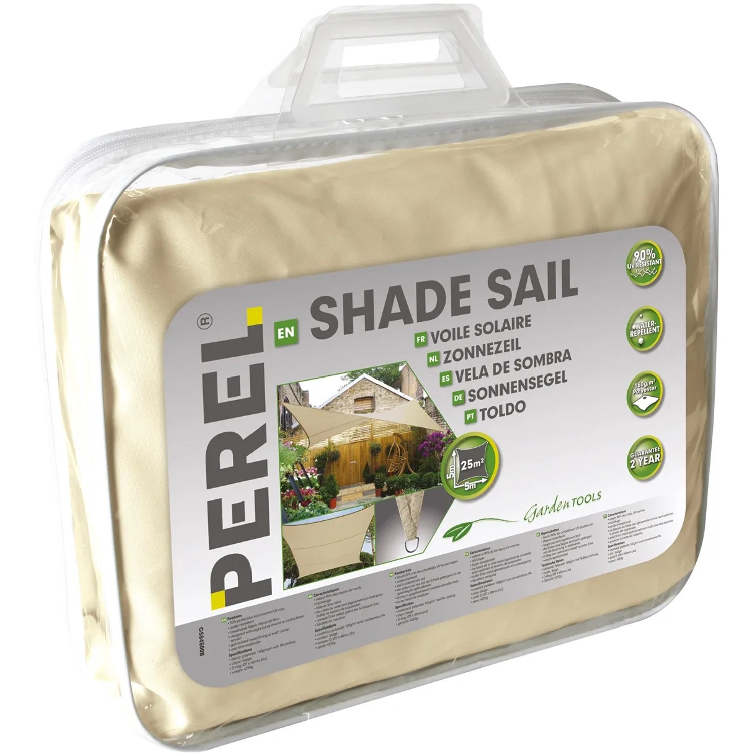 Verpacktes, wasserdurchlässiges Perel Viereck-Sonnensegel, 500x500 cm, in Creme.