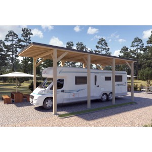 Holzbrüder Camping-Carport Ralf Natur mit dunkelgrauem Blechdach und Wohnmobil.