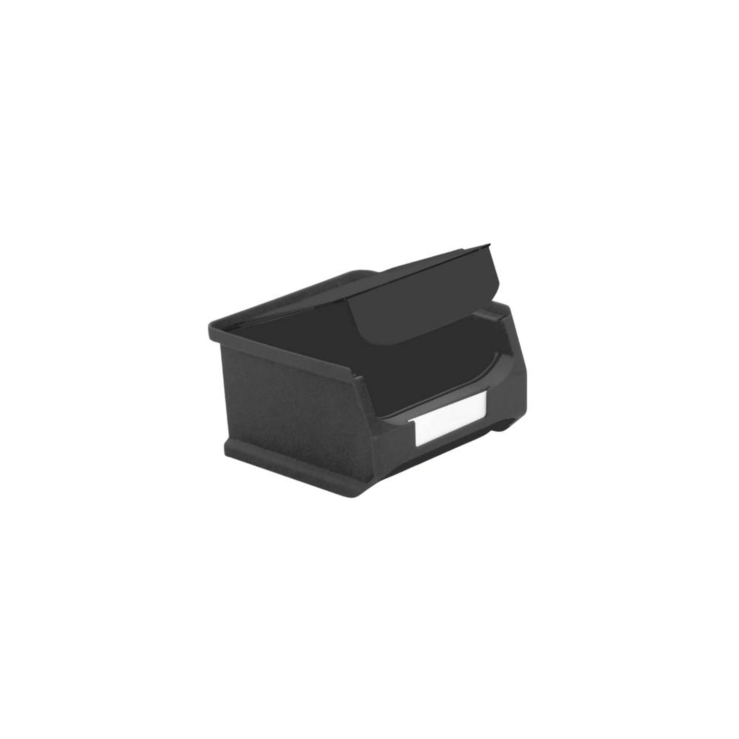 Schwarze, leitfähige Sichtlagerbox mit Abdeckung, 10x10x6 cm, für Aufbewahrungssysteme.