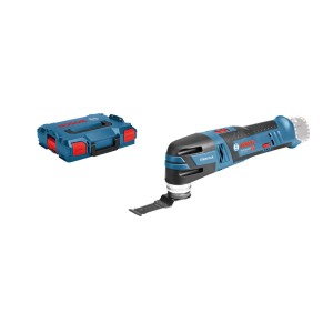 Blauer Bosch Professional Akku-Multi-Cutter GOP 12 V-28 mit Starlock-Klinge und passender L-Boxx. Vielseitiges Multitool.