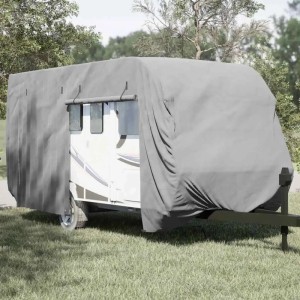 Graue vidaXL Schutzhülle für Wohnwagen (610x250x220 cm) aus Vliesstoff zum Frostschutz.