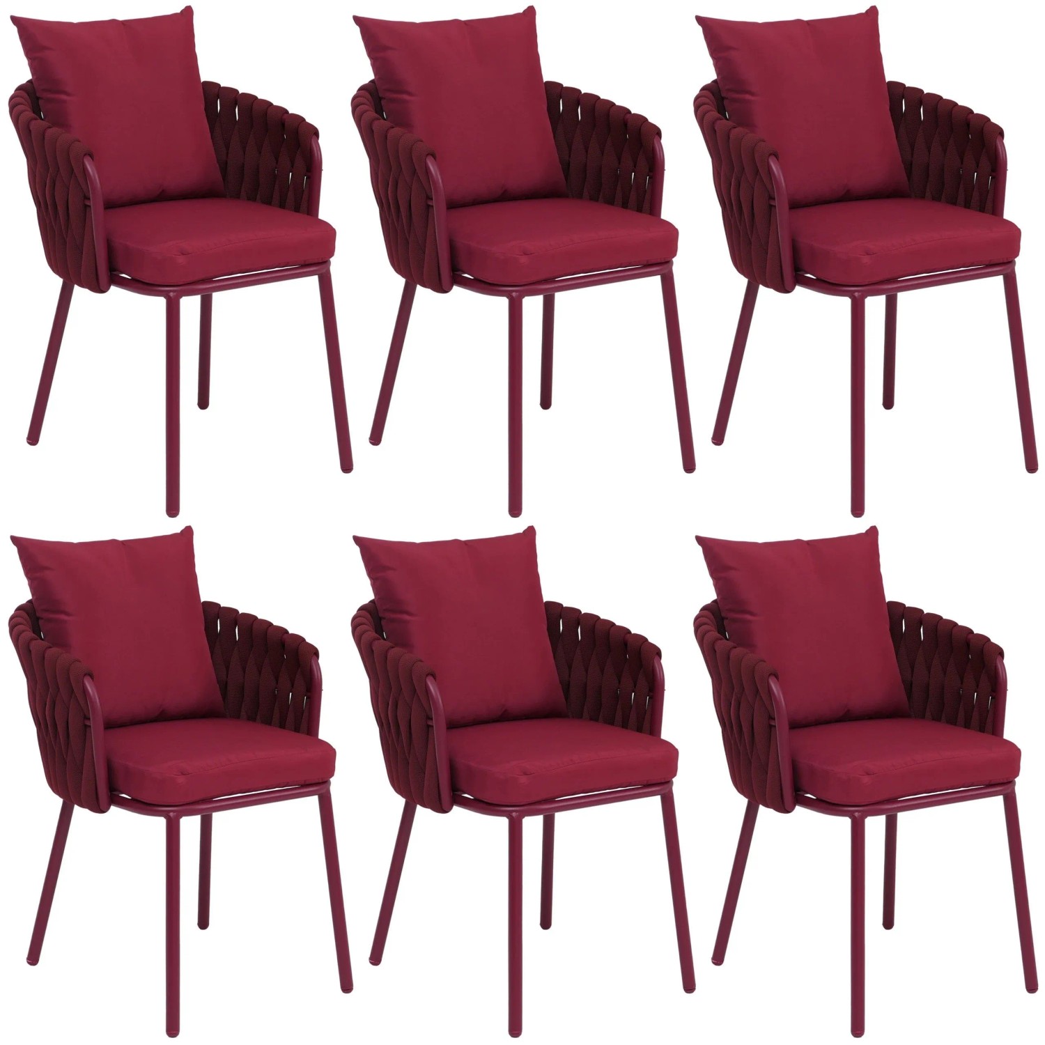 MCW 6er-Set Aluminium-Esszimmerstuhl P89 Seilgeflecht Rope Bordeaux