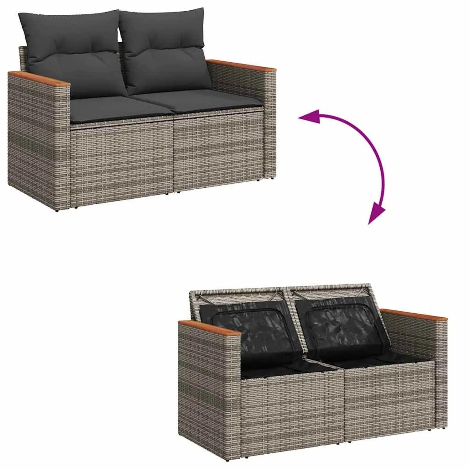 Graue 8-tlg. vidaXL Garten-Sofagarnitur aus Polyrattan mit Kissen und Stauraum.