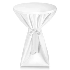 Weiße Beautissu Premium Stehtischhusse ø 70cm mit eleganter Schleife. Blickdichter Stoff für Stehtische.