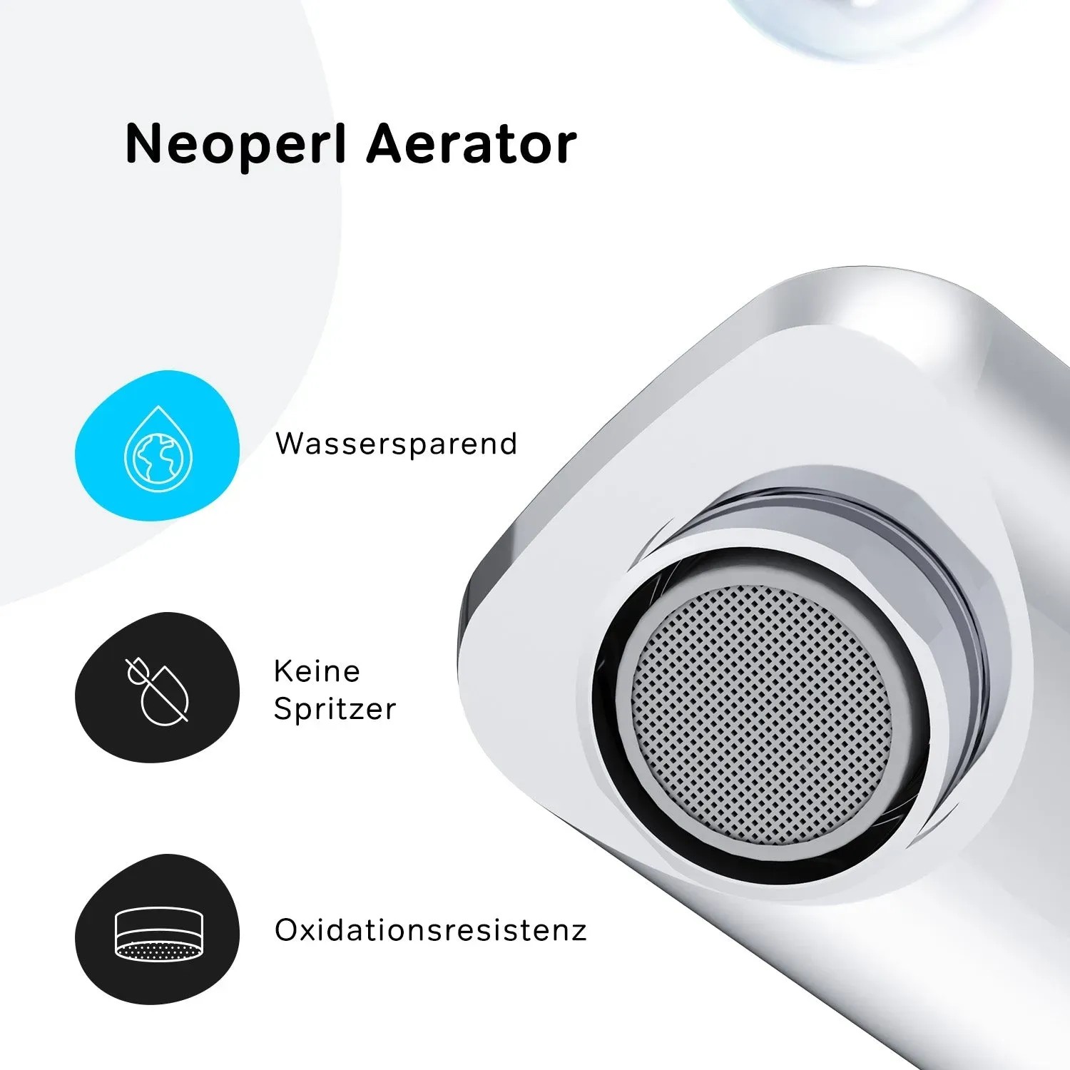 Detailaufnahme des Neoperl Aerators der AM.PM Waschtischarmatur, der Wasser spart und Oxidation widersteht.