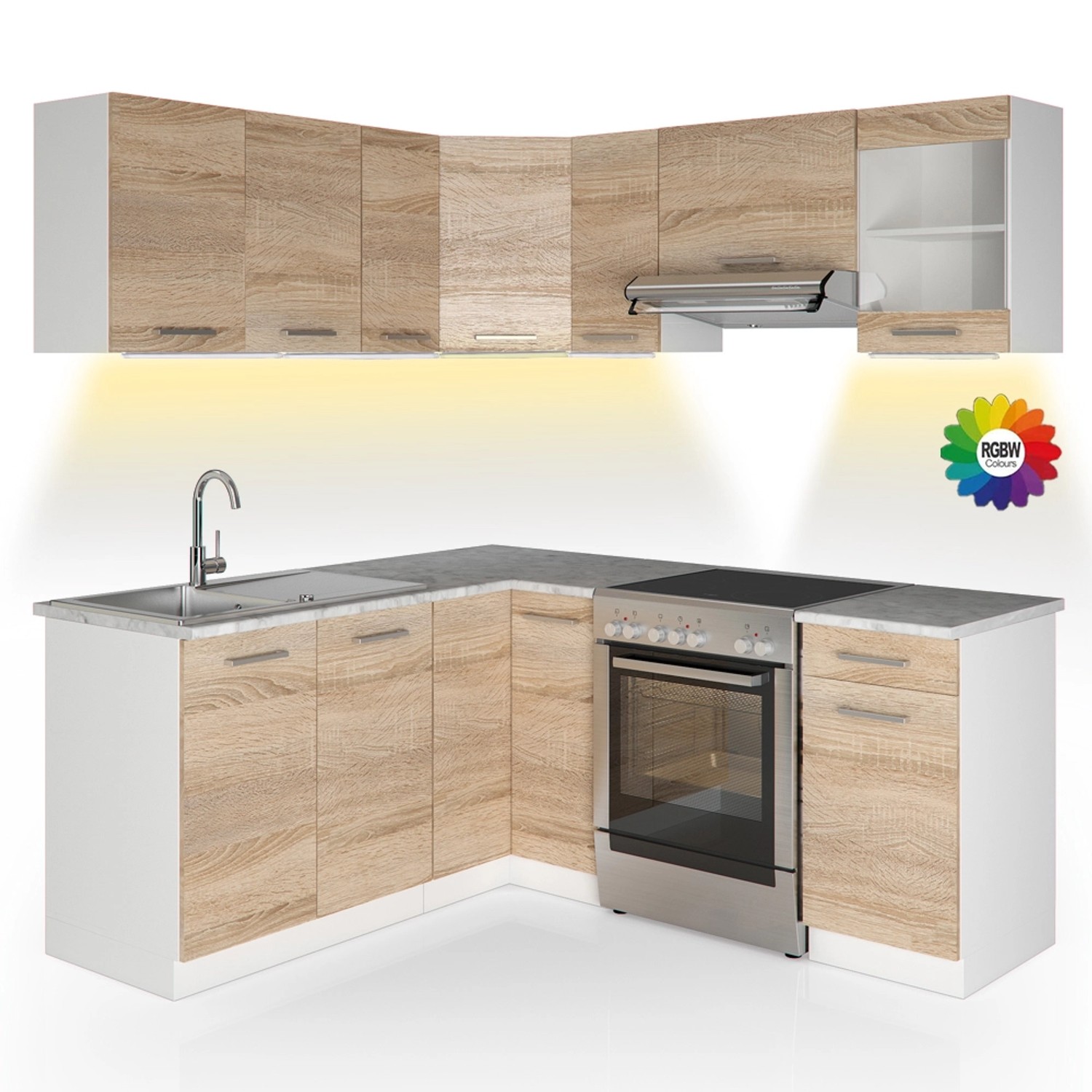 Vicco Rick Eckküche Weiß/Sonoma 187 x 167 cm AP Marmor mit LED-LeistenRick