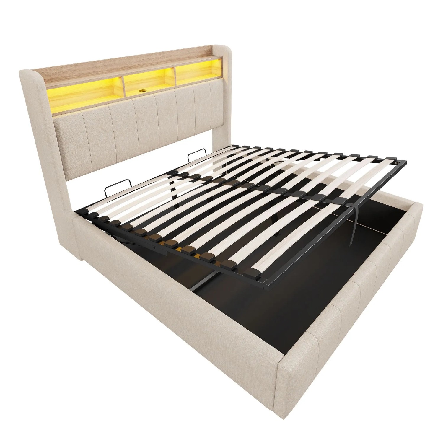 Merax Polsterbett 160x200cm LED USB Hydraulik Leinen Beige