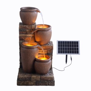 Teamson Home Gartenbrunnen mit 4 Stufen, Solar und LED in Braun. Dekorativer Aussenbrunnen.