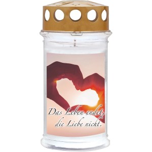 Motiv-Grablicht mit Hände-Herz und Spruch, wetterfest für 5 Tage Brenndauer.