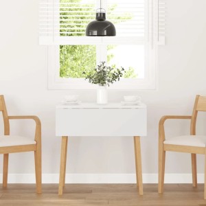 Klappbarer Esstisch in Weiß mit Massivholzbeinen aus Gummibaumholz. Modernes Design für Esszimmer oder Arbeitsbereich.