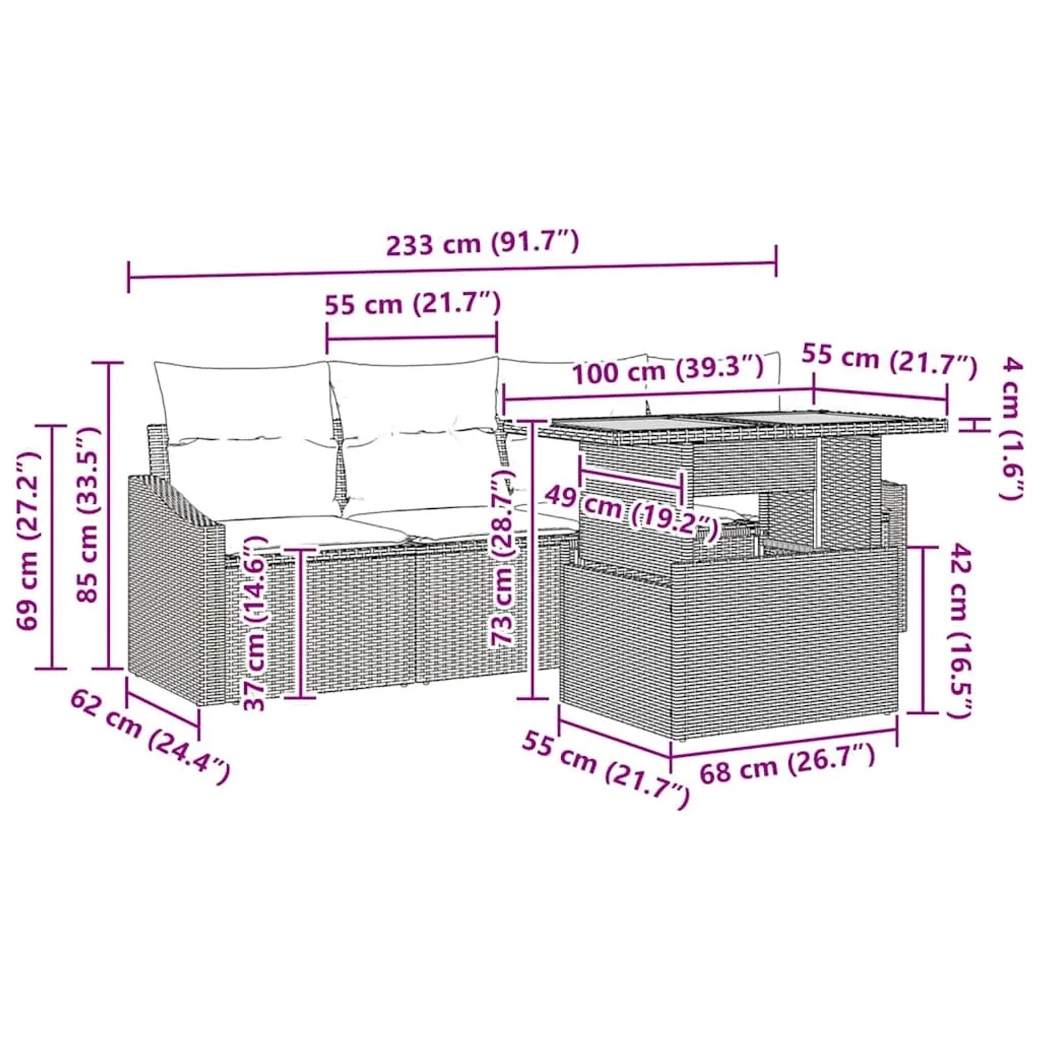 vidaXL Gartenmöbel Set, 5-teilig, schwarzes Poly Rattan, mit Maßangaben.