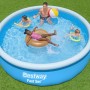 Bestway Aufstellpool Fast Set blau, rund, mit Familie beim Badespaß im Garten. Kinder spielen im Wasser.
