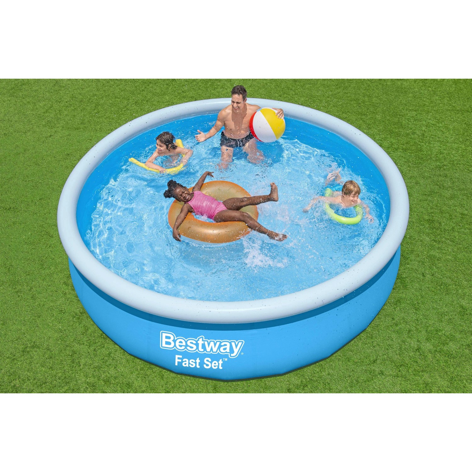 Bestway Aufstellpool Fast Set blau, rund, mit Familie beim Badespaß im Garten. Kinder spielen im Wasser.