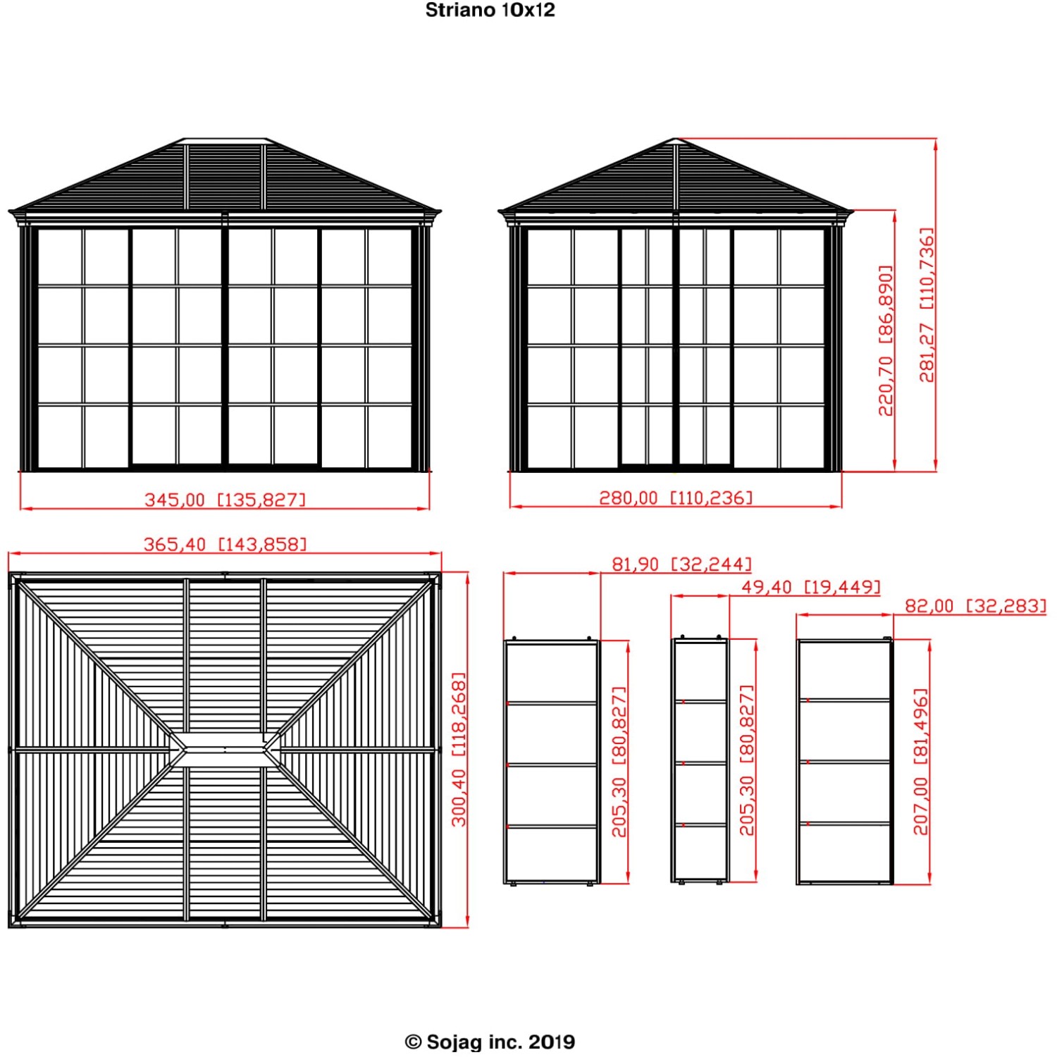 Technische Zeichnung: Sojag Aluminium Pavillon Striano 10x12, Maße und Details.