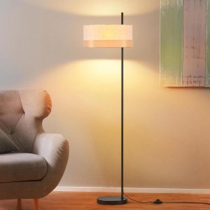 NETTLIFE Vintage Stehlampe mit weißem Stoffschirm, schwarzem Gestell und Fußschalter im Wohnzimmer.