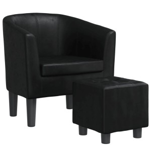 Schwarzer Clubsessel aus Kunstleder mit passendem Fußhocker. Bequemes Loungesessel-Set für Entspannung.