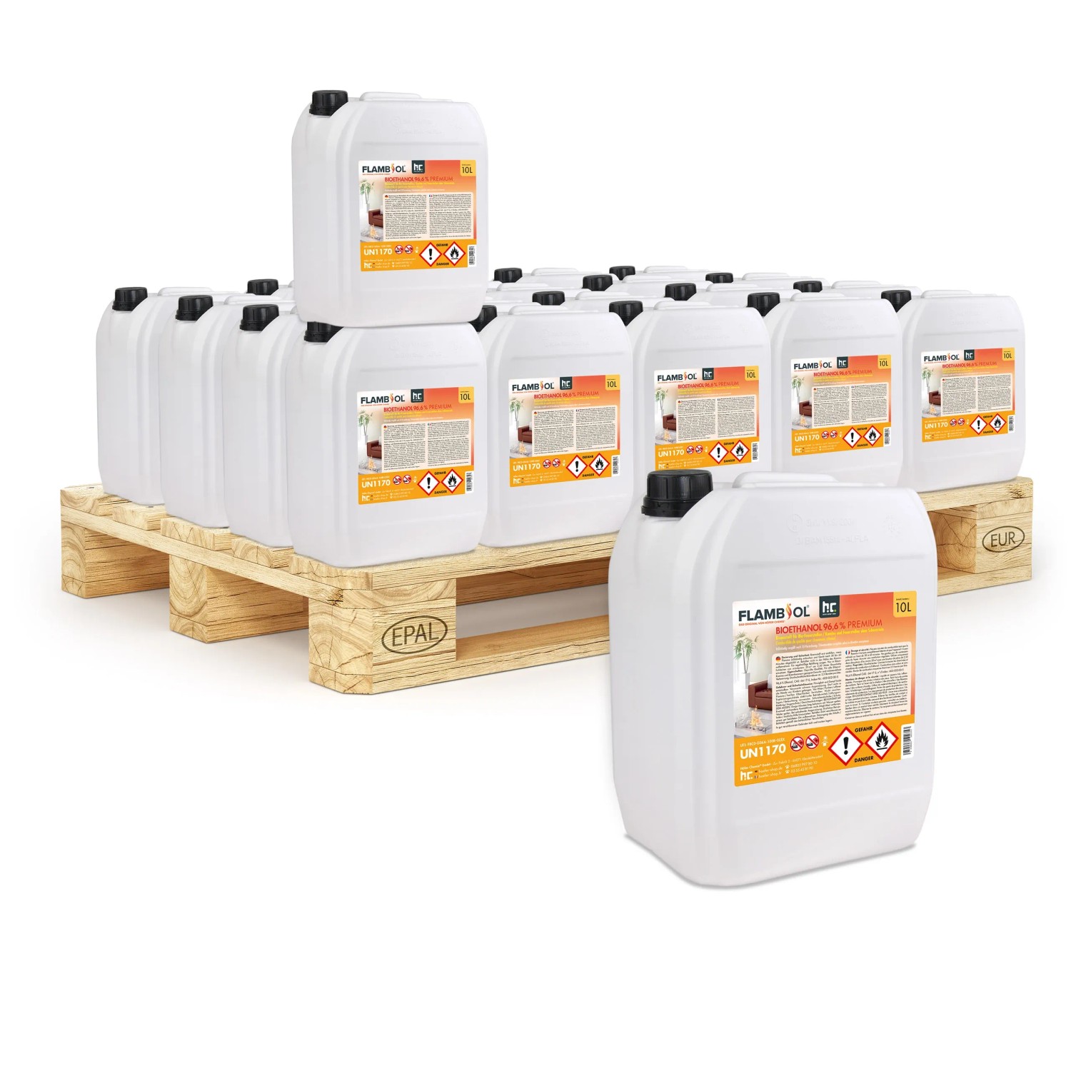 Palette mit 6 Kanistern Flambiol Bioethanol 96,6% Premium, je 10l für Ethanolkamine.