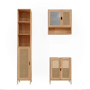 Vicco Badmöbel-Set Liora aus Bambus, 3-teilig: Waschtischunterschrank, Spiegelschrank, Hochschrank.