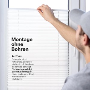 Bestlivings Plissee Faltstore 90x150 cm, weiße Fensterjalousie mit Klemmbefestigung, Montage ohne Bohren.