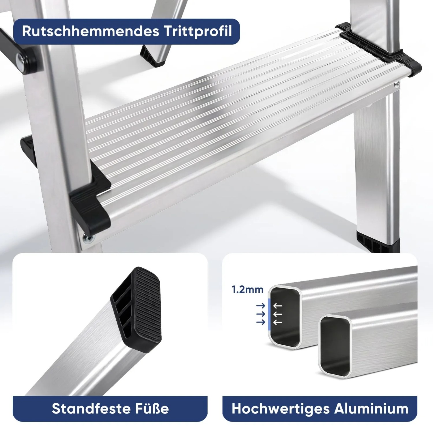 Sekey Alu Trittleiter: rutschfestes Trittprofil, standfeste Gummifüße und 1.2mm starkes Aluminium für sicheren Halt.