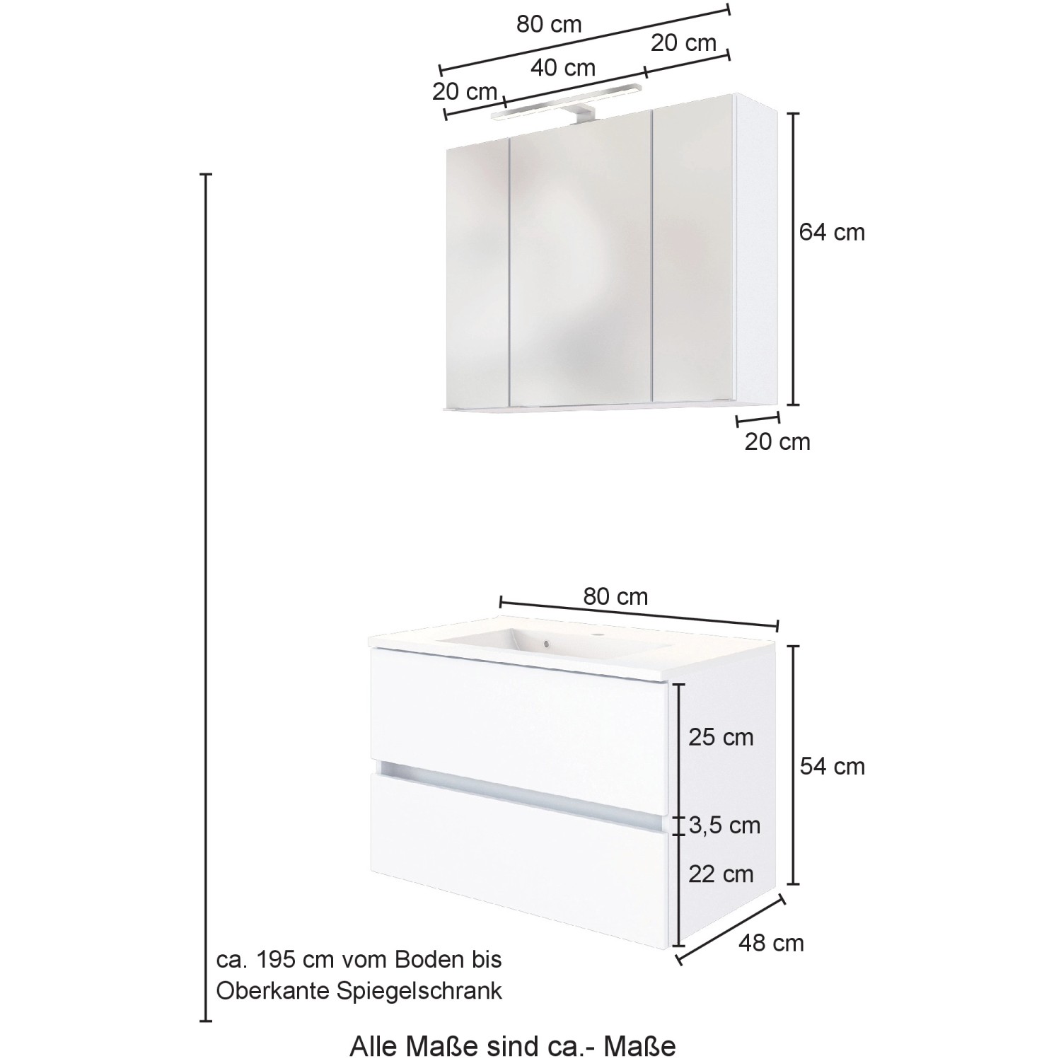 Held Möbel Waschtisch-Set Bari, 80 cm, Wotaneiche/Graphitgrau mit Spiegelschrank und Maßen.